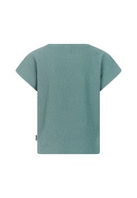 Svetlo tyrkysový top s krátkym rukávom a voľným strihom, vyrobený z textúrovaného materiálu s okrúhlym výstrihom. Malá značková visačka na bočnom šve.