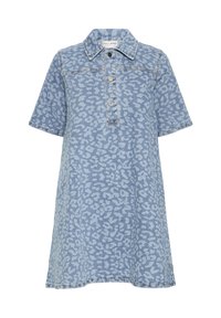 Robe en jean bleu clair à manches courtes avec motif léopard, col et trois boutons sur le devant.