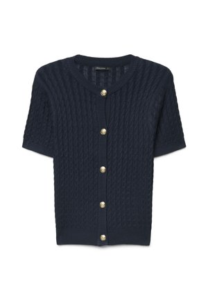 Cardigan in maglia blu navy a maniche corte con motivo testurizzato e cinque bottoni decorativi dorati sul davanti.