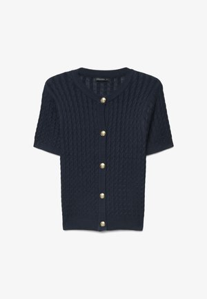Cardigan in maglia blu navy a maniche corte con motivo testurizzato e cinque bottoni decorativi dorati sul davanti.