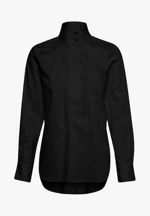 Fekete, hosszú ujjú póló magas gallérral, gombos pánttal és egyenes szegéllyel. Simító anyagból készült, minták vagy díszítések nélkül.