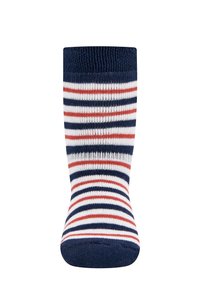 Blue socks featuring horizontal stripes in white, red, and navy. Knit texture with a ribbed cuff and smooth finish.