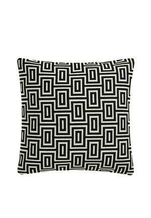 Quadratisches Kissen mit schwarz-weißem geometrischem Muster aus verbundenen rechteckigen Formen auf gewebtem Stoff.