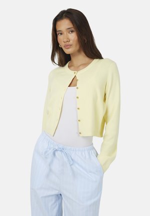 Jonge vrouw met lang bruin haar, gekleed in een lichtgele vest met knopen, een wit shirt en lichtblauwe gestreepte broek met trekkoord, staand met handen in de zakken.