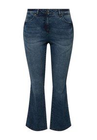 Vaqueros de mezclilla azul oscuro de corte acampanado con una cintura de altura media, cinco bolsillos y un ligero desgaste en los muslos. Finalizados con un cierre de botón clásico.