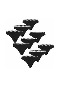 Schwarze Pantys mit einem weißen Bund, auf dem das Puma-Logo prangt. Das Design ist tief geschnitten und zeigt mehrere Paare, die in einem Cluster angeordnet sind.