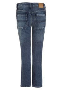 Jeans in denim blu scuro con taglio dritto, dotati di due tasche posteriori e di una toppa in pelle color cognac sulla linea della vita.