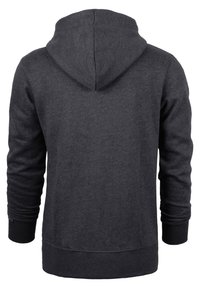 Dunkelgrauer Kapuzenpullover mit weicher Textur, langen Ärmeln und gerippten Bündchen. Hat ein einfaches Design, ohne sichtbare Logos oder Muster.