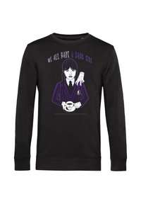 Felpa nera con una grafica di uniforme a righe viola che tiene una tazza di caffè e una mano spettrale che si allunga, il testo recita "Abbiamo tutti un lato oscuro."