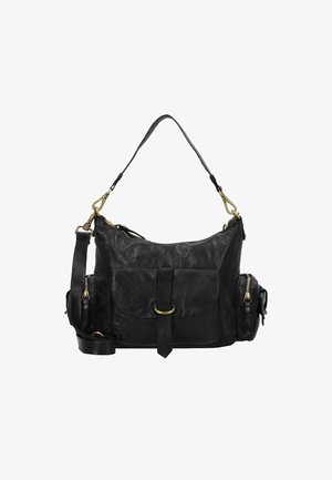 Schwarze Ledertasche mit weicher Textur, ausgestattet mit goldenen Beschlägen, einer Fronttasche und seitlichen Reißverschlusstaschen. Verstellbarer Schultergurt inklusive.