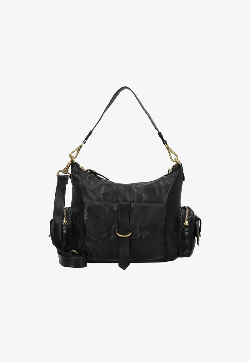 Borsa in pelle nera con texture morbida, dotata di accessori in oro, una tasca frontale e scomparti laterali con zip. Inclusa una tracolla regolabile.