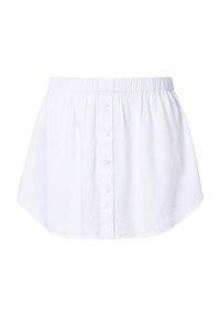 Blusa blanca de botones con dobladillo redondeado, cinturilla elástica, tejido suave y seis botones en la parte delantera. Diseño simple, mangas cortas.