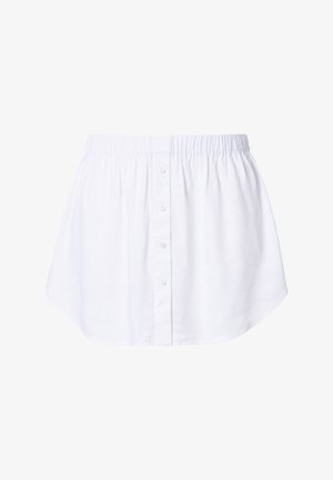 White, button-up blouse with a rounded hem, elastic waistband, smooth fabric, and six buttons down the front. Simple design, short sleeves.