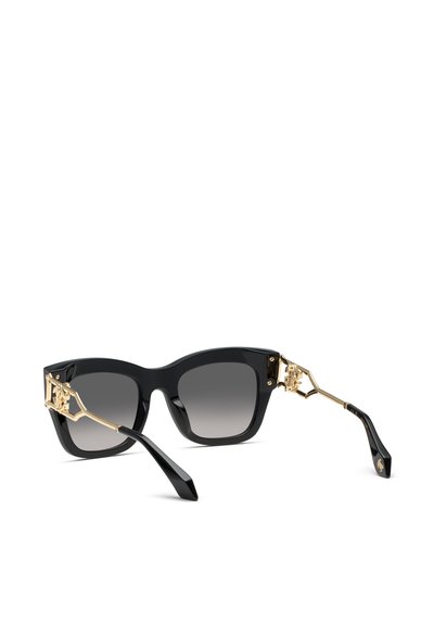 Lunettes de soleil noires à monture carrée avec des verres dégradés et des détails décoratifs dorés sur les branches.