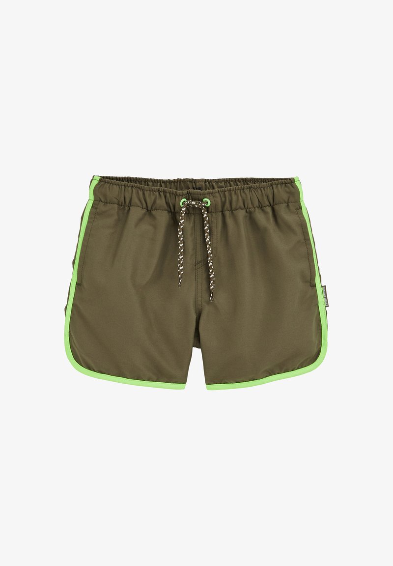 Oliwkowo-zielone spodenki kąpielowe z sznurkiem, z neonowozielonymi bocznymi akcentami i miękką, gładką fakturą. Odpowiednie do aktywności wodnych.