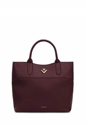 Burgundy leather handbag with dual handles, gold hardware, a sleek design, and a VUCH logo at the bottom. Smooth texture throughout.