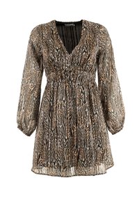 Robe transparente à motifs avec décolleté en V plongeant, taille élastique et manches bouffantes longues. Les couleurs incluent beige, noir et des nuances de marron.