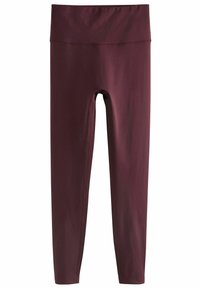 Vinröda leggings i ett mjukt, stretchigt material. De har en bred, elastisk midja och är åtsittande utan synliga sömmar.