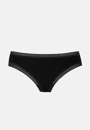 Culotte noire avec bordure en dentelle, en tissu lisse et extensible. Présente une forme classique de slip et un délicat accent de dentelle sur la ceinture.