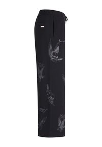 Black sweatpants with elastic waistband and pockets, featuring gray skulls, birds, daggers, and "Ed Hardy 1973" printed designs.