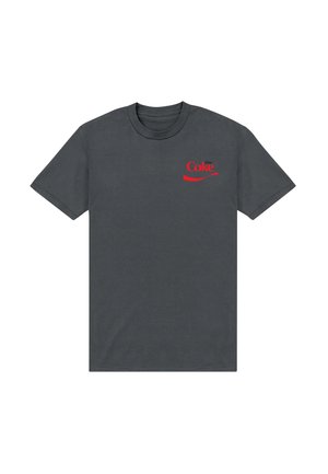 Grå bomulds t-shirt med et rødt "Diet Coke" logo og buet accent. Kortærmet med en klassisk rund halsudskæring.