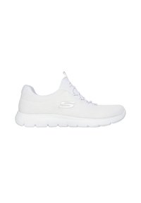 Weißer Skechers Sportschuh mit Mesh-Obermaterial, Schnürdesign, Zuglasche an der Zunge und strukturierter Sohle, seitlich dargestellt.