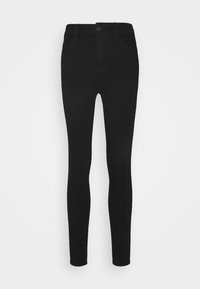 Jean skinny noir avec une texture lisse, doté d'une fermeture à boutons sur le devant, de passants pour ceinture et de cinq poches pour le rangement.