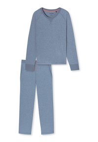 Conjunto de sudadera azul y pantalones de tejido suave; incluye un escote en V, mangas raglán y puños acanalados en contraste con un cordón ajustable.