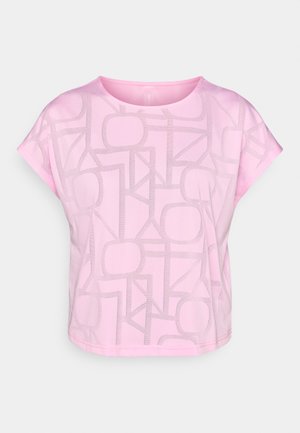 Pink short-sleeve top featuring a geometric pattern in a lighter shade. Made of soft material with a rounded neckline and relaxed fit.