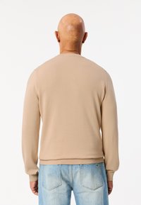 Beige stickad tröja med långa ärmar, ribbad nacke och cuffs, sedd bakifrån. Kombinerad med ljusblå denimjeans.