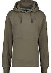 Olijfgroene hoodie van zachte stof, met een grote voorkantzak, verstelbare capuchon en ribgebreide boorden en zoom. Eenvoudig ontwerp zonder patronen.