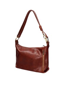 Borsa a spalla in pelle marrone con una texture liscia, dotata di tasca con zip, tracolla regolabile e dettagli in hardware dorato.