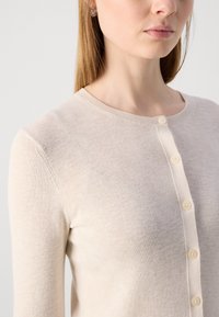 Bež prugasti cardigan z okroglim izrezom in šestimi svetlimi gumbi spredaj. Mehka tekstura, počasen kroj in dolgi rokavi.