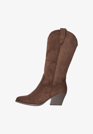 Brauner Veloursleder-Stiefel mittlerer Schaftlänge mit gestapeltem Blockabsatz und abgerundeter Spitze, ausgestattet mit Schlaufe an der Außenseite zum einfachen An- und Ausziehen.