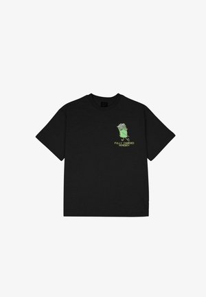 Black cotton t-shirt featuring a green cartoon character design on the chest with the text "FULLY CHARGED HOMEBOY" in yellow. Short sleeves.