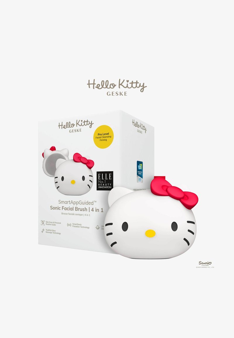 Hello Kitty Sonic gezichtsborstel in het wit met een rode strik, verpakt in een witte doos met productdetails en logo's. 4-in-1 functionaliteit.