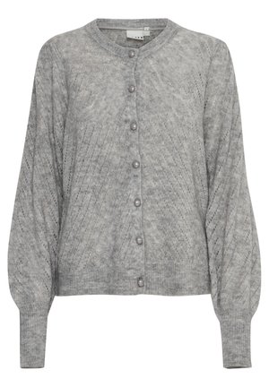 Grå strikket cardigan med rund halsudskæring, knaplukning foran, pufærmer og et struktureret diamantmønster hele vejen igennem.