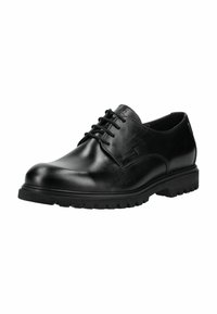 Scarpa da uomo in pelle nera con superficie liscia, design con lacci, punta arrotondata e suola resistente per la trazione. Sottile cucitura decorativa sui lati.
