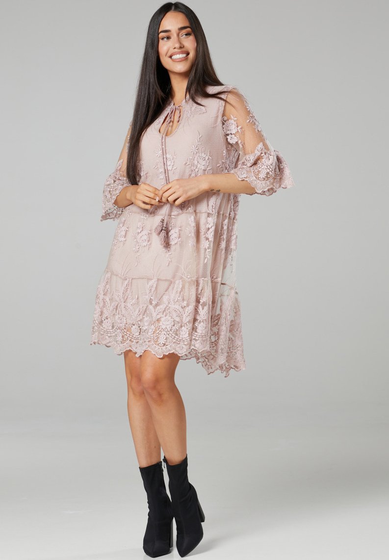 open lace back dress Gina Bacconi Farlyn Crepe and Lace Dress Dusky Pink STT2681  Izzi of Baslow