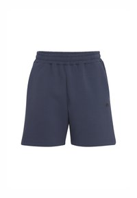 Námornícke modré športové šortky vyrobené z mäkkej látky. Majú elastický pás a malé logo na dolnom ľavom boku.