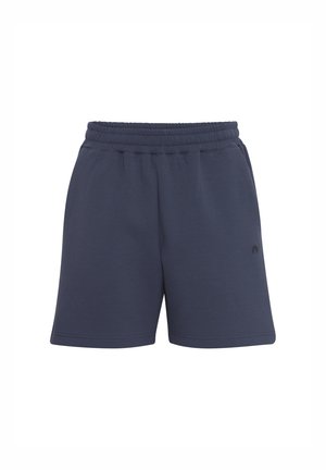 Granatowe spodenki sportowe wykonane z miękkiego materiału. Posiadają elastyczny pas i małe logo na dolnej lewej stronie.