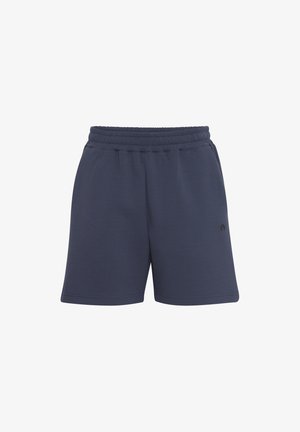 Tumedat sinised spordilühikesed püksid, mis on valmistatud pehmest kangast. Omavad elastset vööd ja väikest logo vasakul alapoole.
