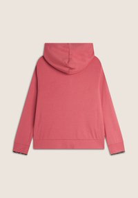 Sweat-shirt à capuche en corail, fabriqué en tissu doux. Il dispose de manches longues avec des poignets à motifs et d'une coupe décontractée. Pas de détails visibles à l'avant.