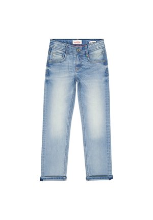 Lyseblå slidte denimbukser med forlommer, bæltestropper, knaplukning og et lille italiensk flagdetalje på højre lomme.