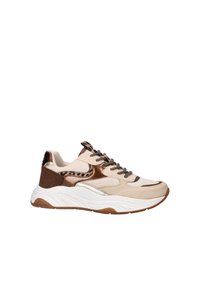 Beige en bruine chunky sneaker met mesh- en suèdepanelen, luipaardprintaccenten, gestreepte veters en een dikke witte zool met bruine loopzool.