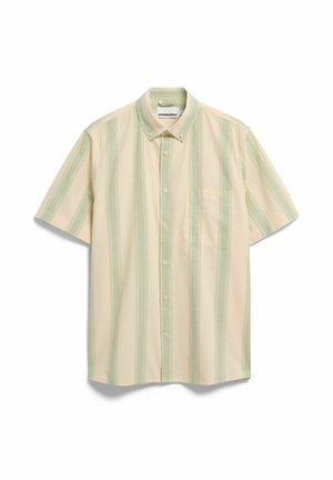 Camicia con bottoni a maniche corte con righe verticali beige e verde chiaro, taschino sul petto e colletto con bottoni.