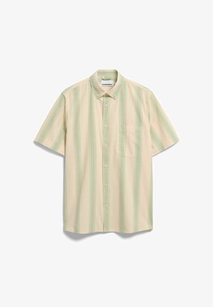 Camicia con bottoni a maniche corte con righe verticali beige e verde chiaro, taschino sul petto e colletto con bottoni.