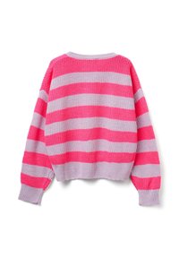 Maglione lavorato a maglia con righe orizzontali in rosa brillante e grigio chiaro. Design corto con scollatura rotonda e spalle scese.