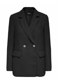 Blazer noir texturé avec un design croisé, des revers crantés, deux poches avant et des accents de boutons décoratifs.