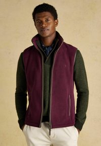 Fleece vesta v hlbokých fialových farbách s vysokým golierom, pod ňou kontrastný zelený sveter a svetlosivé detaily na zips. Model stojí so zloženými rukami v vreckách.